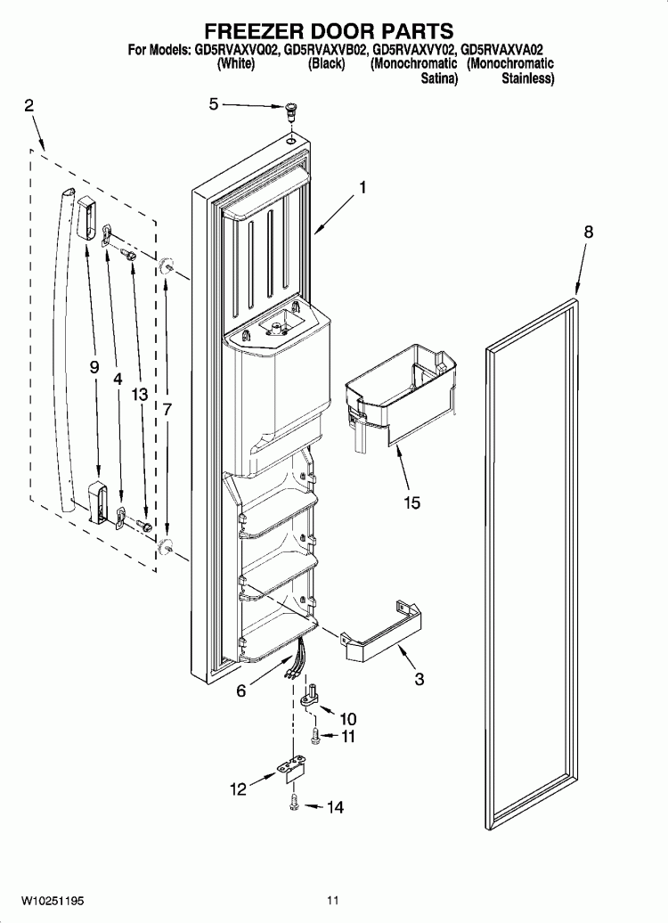 FREEZER DOOR PARTS Diagram and Parts List for GD5RVAXVB02  Whirlpool Refrigerator