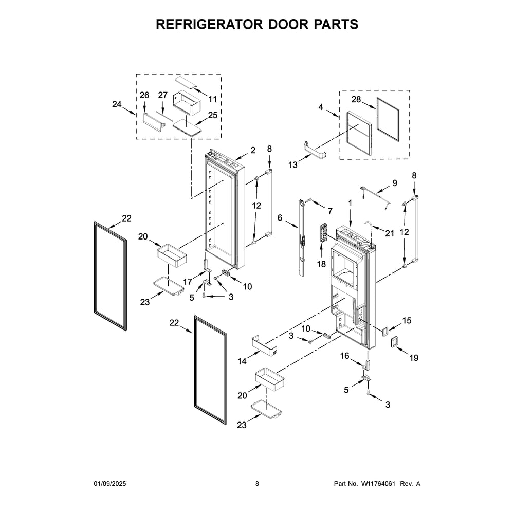 Refrigerator Door Parts Diagram and Parts List for KRFC704FBS06  KitchenAid Refrigerator