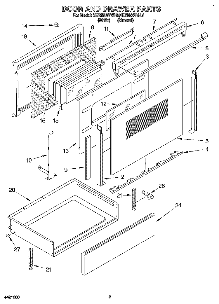 DOOR AND DRAWER Diagram and Parts List for KERI500YWH4  KitchenAid Range