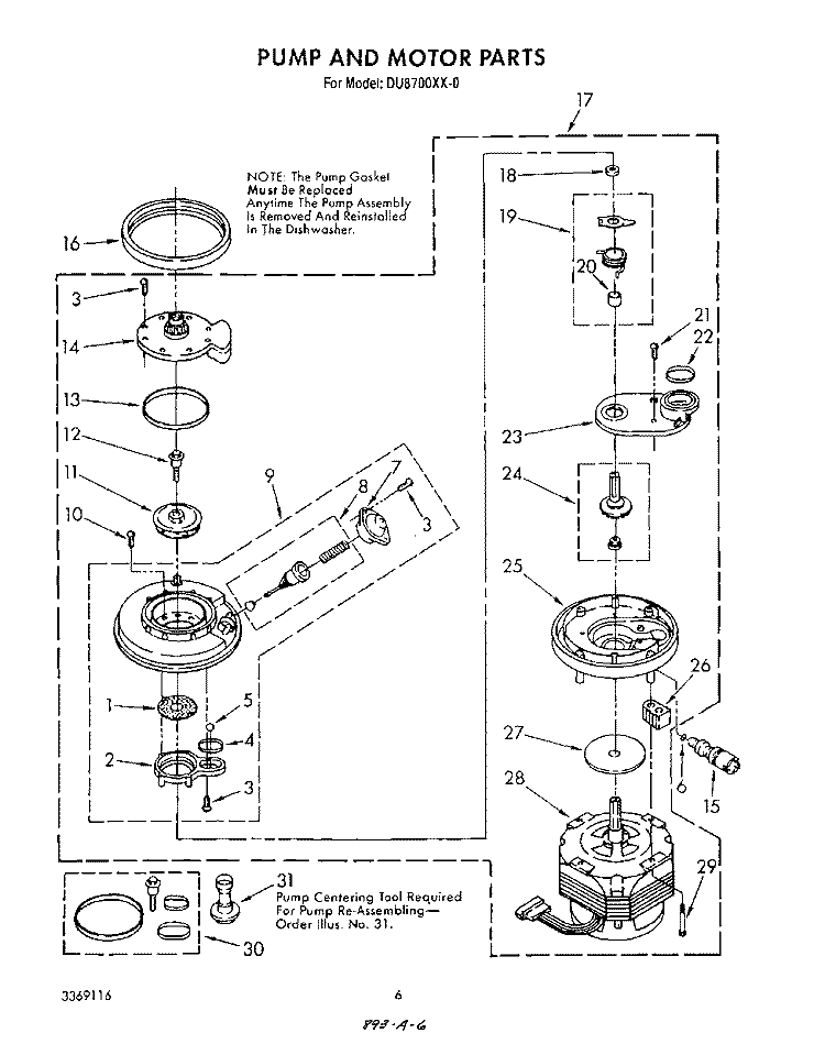 PUMP AND MOTOR Diagram and Parts List for DU8700XX0  Whirlpool Dishwasher