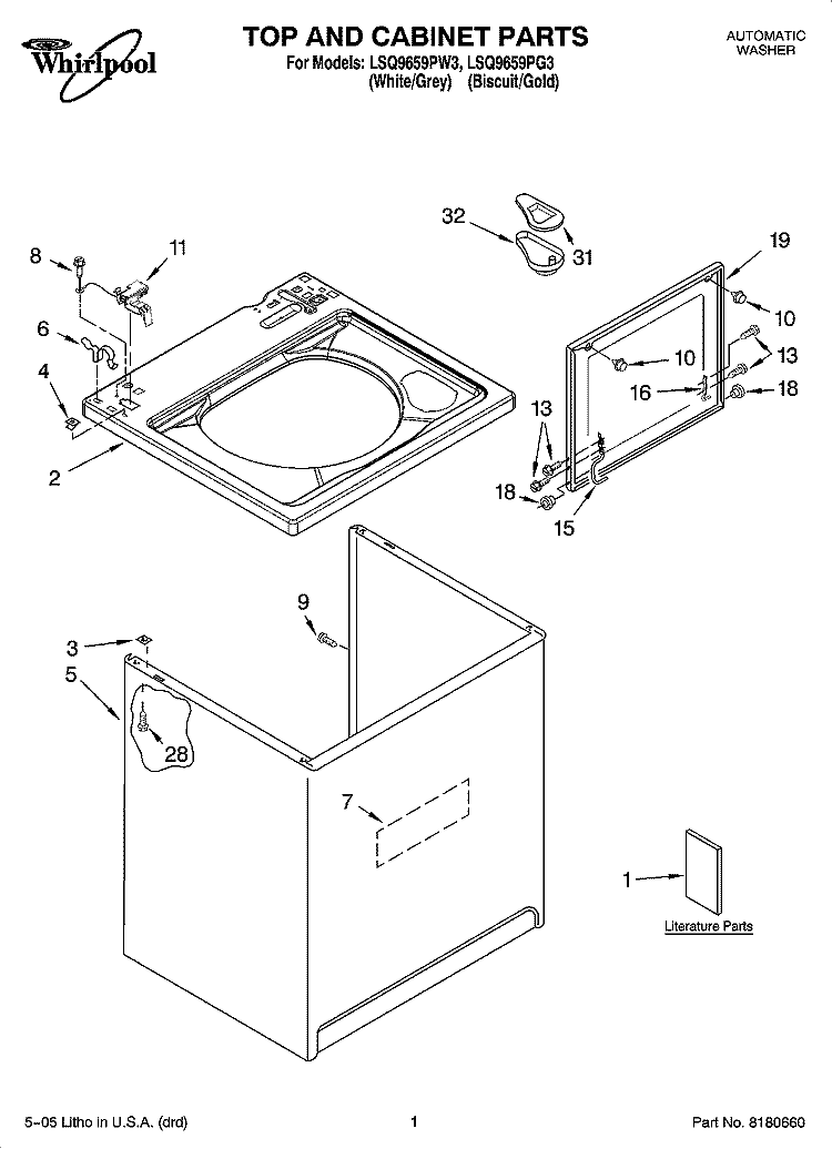 TOP AND CABINET PARTS Diagram and Parts List for LSQ9659PG3  Whirlpool Washer