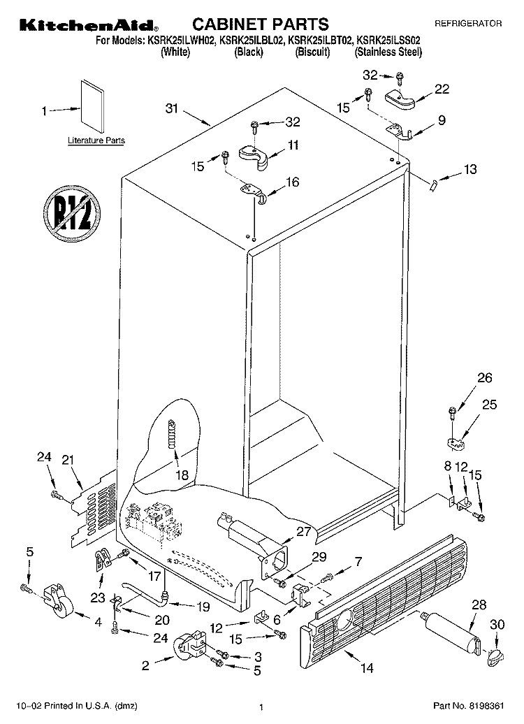 CABINET, LITERATURE Diagram and Parts List for KSRK25ILBL02  KitchenAid Refrigerator
