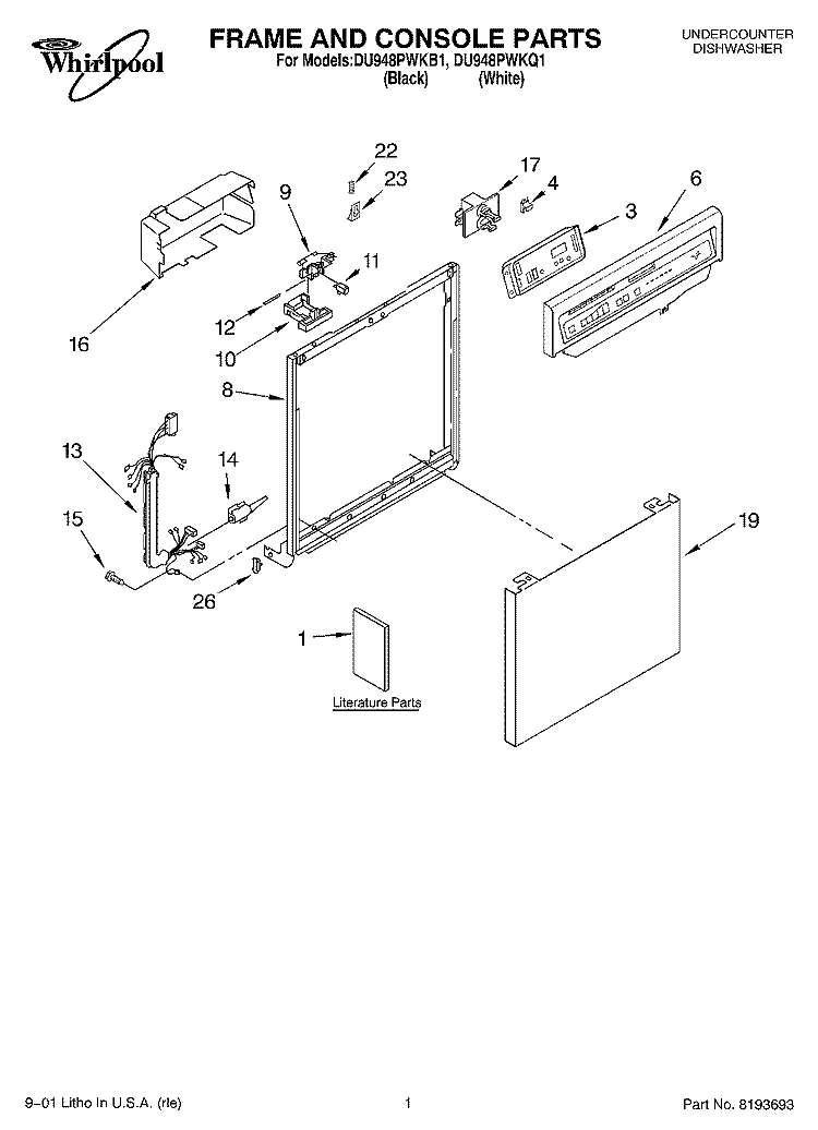 FRAME AND CONSOLE, LITERATURE Diagram and Parts List for DU948PWKQ1  Whirlpool Dishwasher