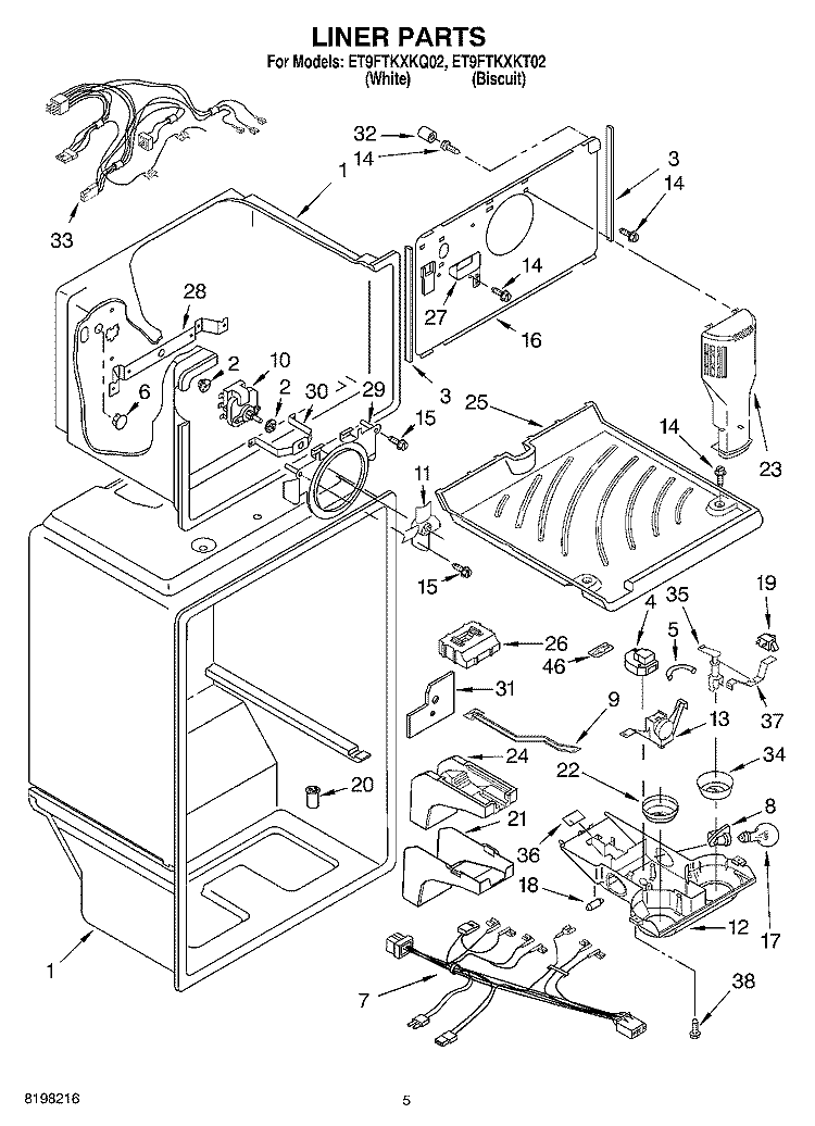 LINER Diagram and Parts List for ET9FTKXKT02  Whirlpool Refrigerator