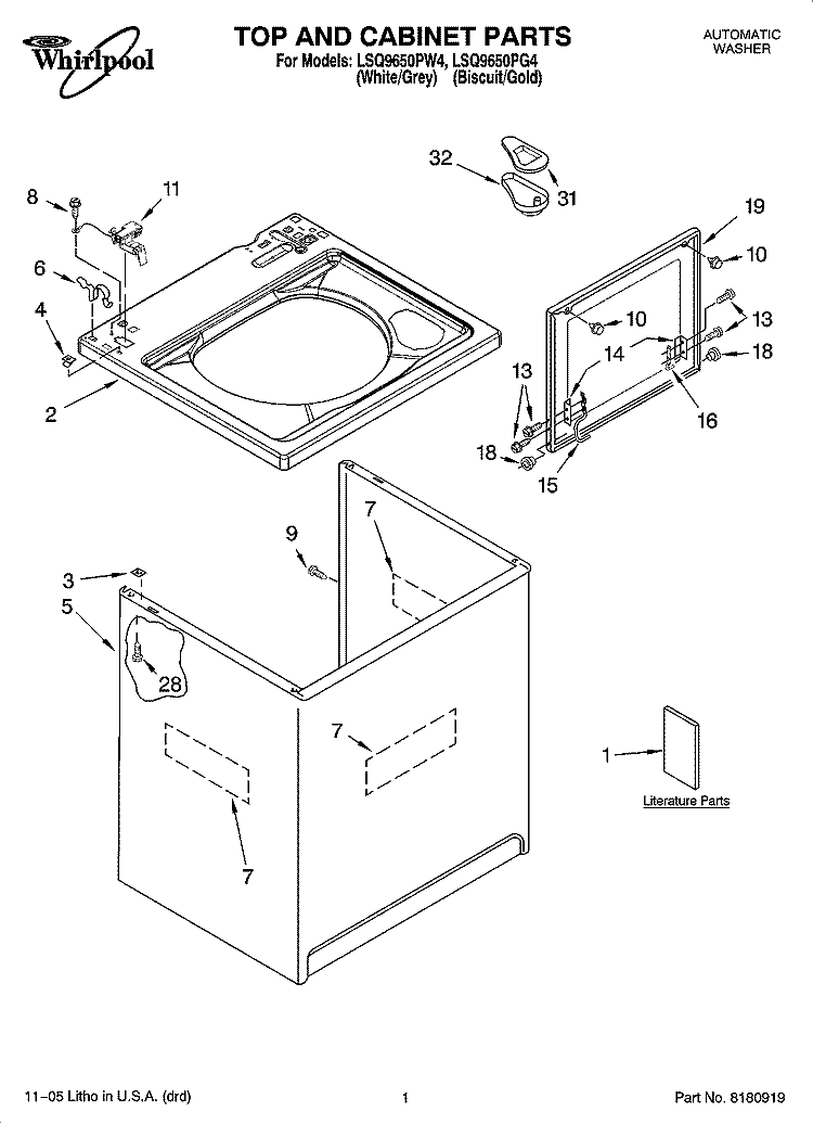 TOP AND CABINET PARTS Diagram and Parts List for LSQ9650PG4  Whirlpool Washer