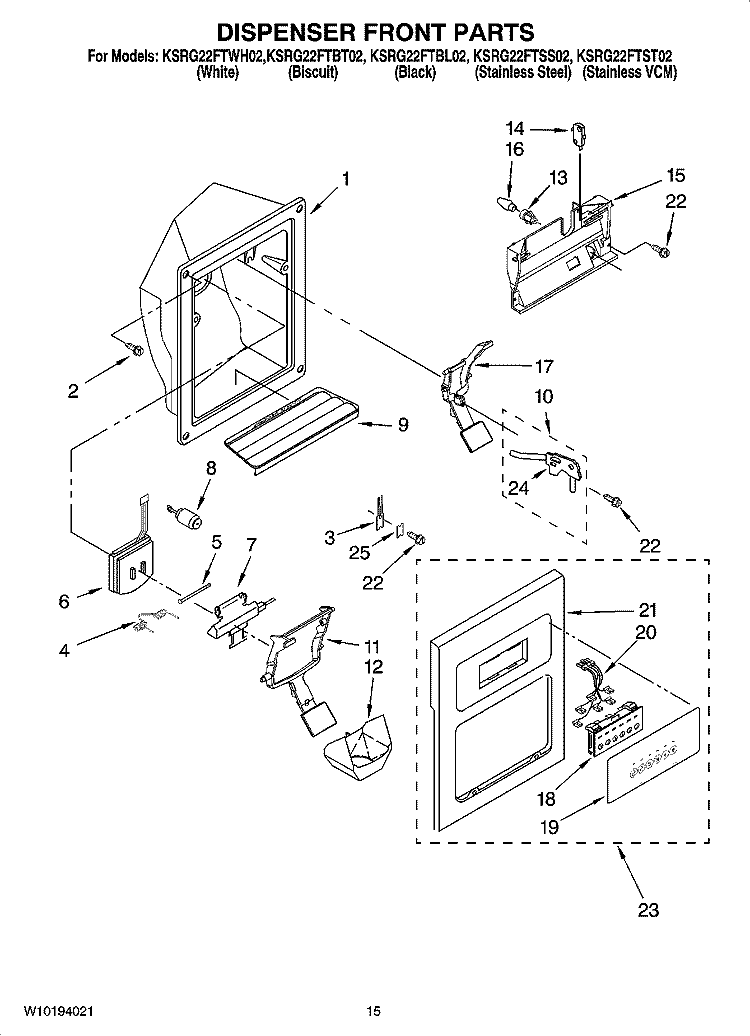 DISPENSER FRONT PARTS Diagram and Parts List for KSRG22FTSS02  KitchenAid Refrigerator