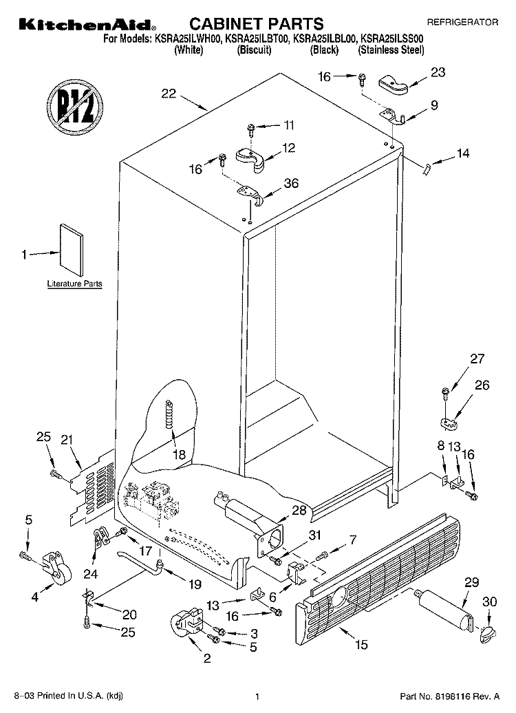 CABINET PARTS Diagram and Parts List for KSRA25ILWH00  KitchenAid Refrigerator