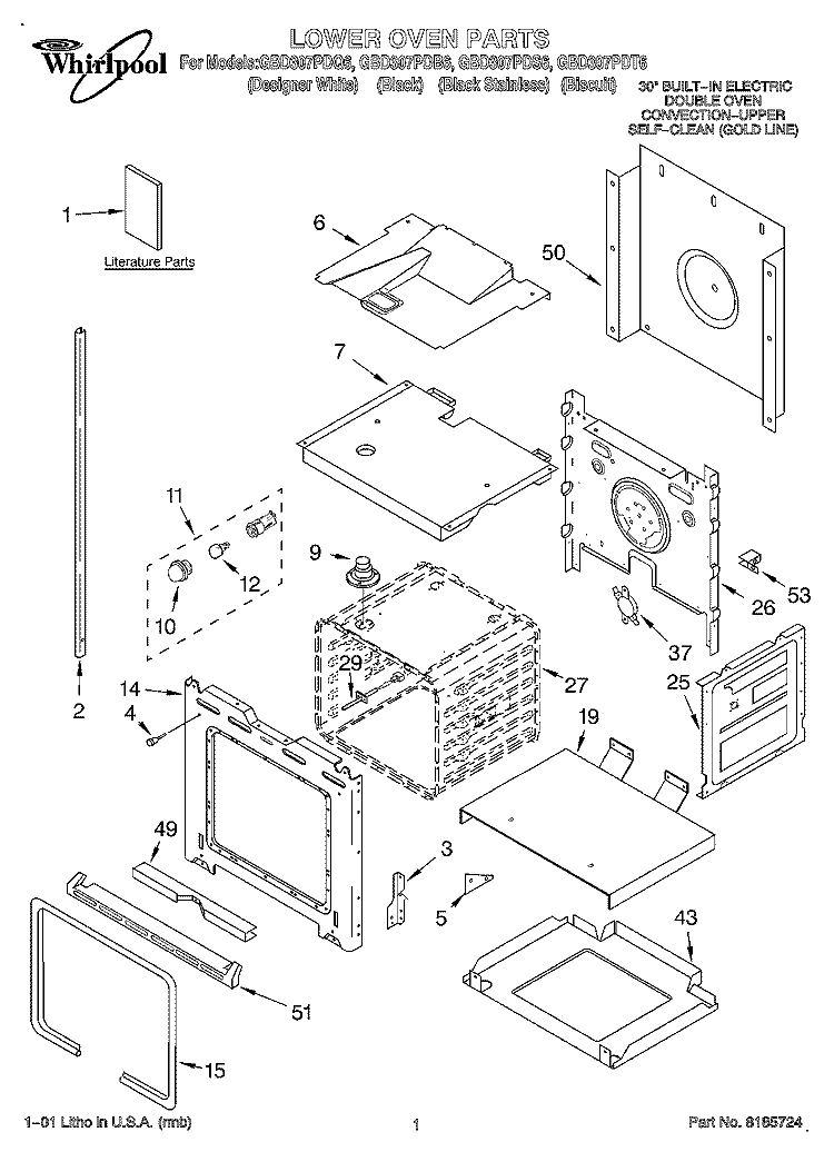 LOWER OVEN, LITERATURE Diagram and Parts List for GBD307PDS6  Whirlpool Wall Oven