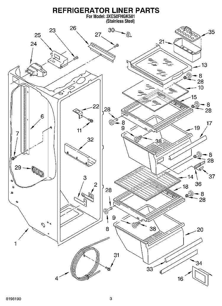 REFRIGERATOR LINER Diagram and Parts List for 3XES0FHGKS01  Whirlpool Refrigerator