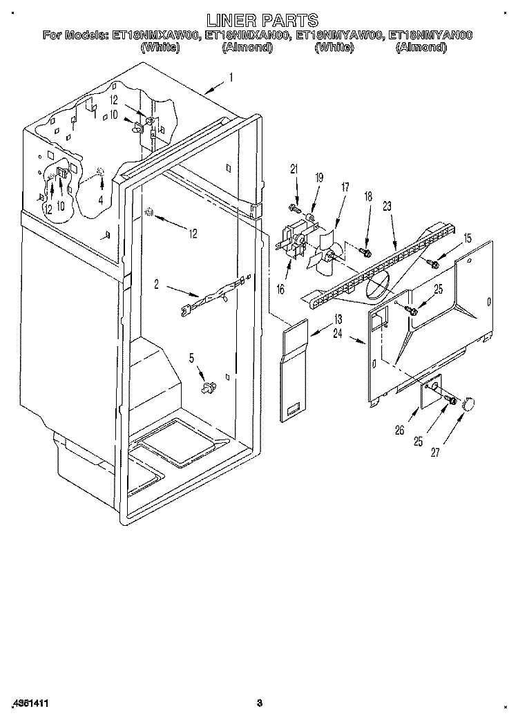 LINER Diagram and Parts List for ET18NMYAN00  Whirlpool Refrigerator