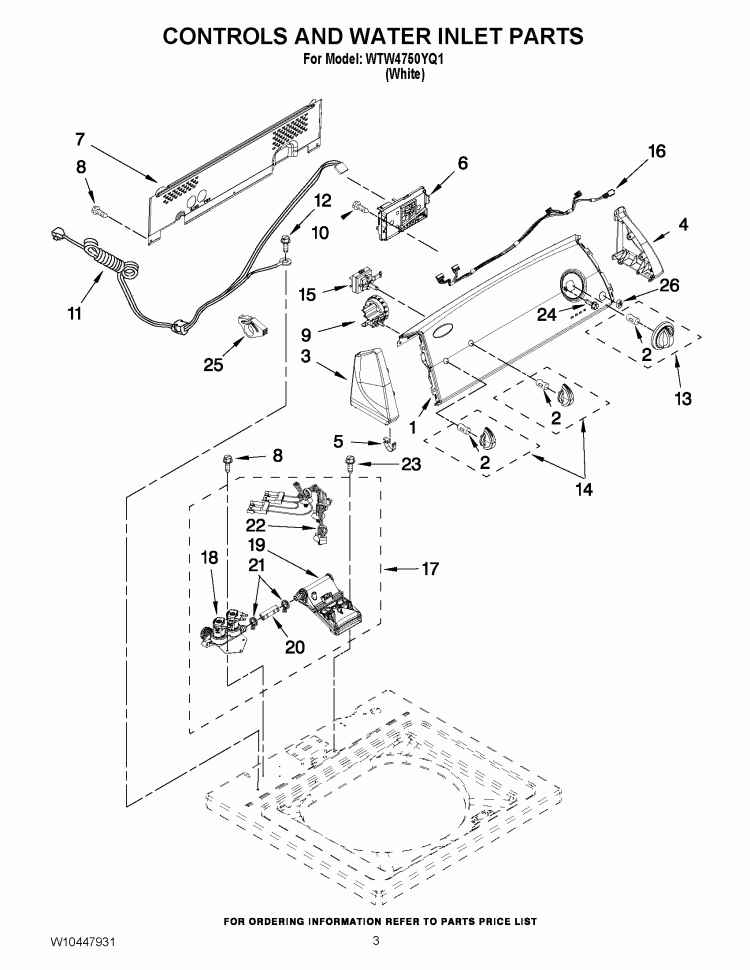 CONTROLS AND WATER INLET PARTS Diagram and Parts List for WTW4750YQ1  Whirlpool Washer