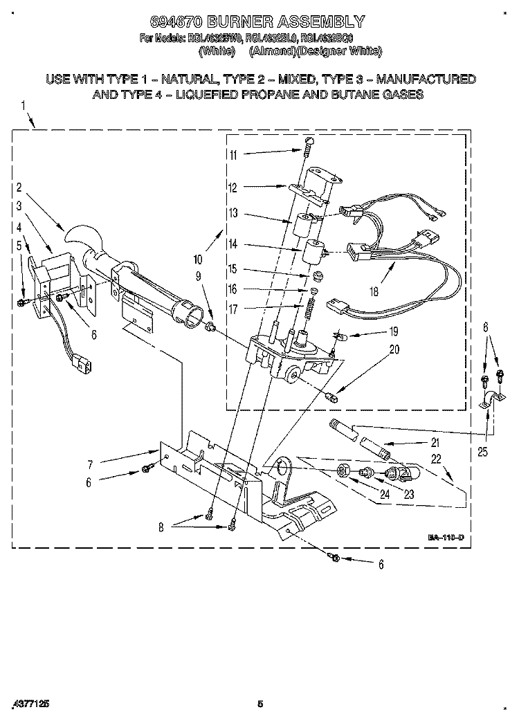 694670 BURNER ASSEMBLY Diagram and Parts List for RGL4632BL0  Roper Dryer