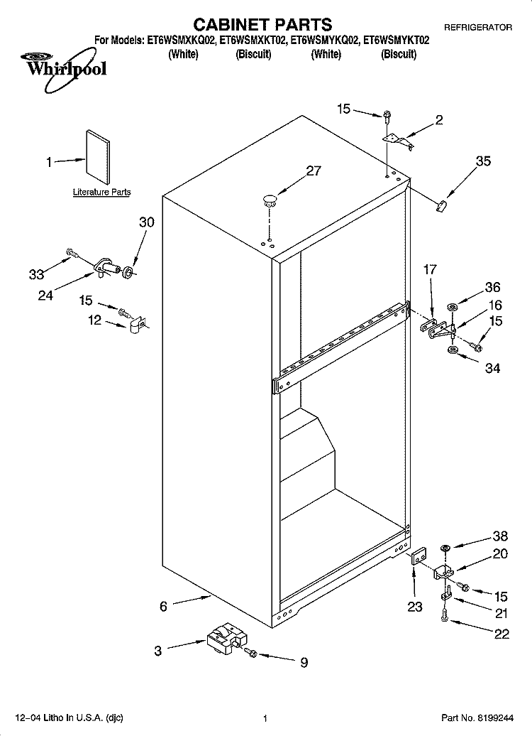 CABINET PARTS Diagram and Parts List for ET6WSMYKT02  Whirlpool Refrigerator