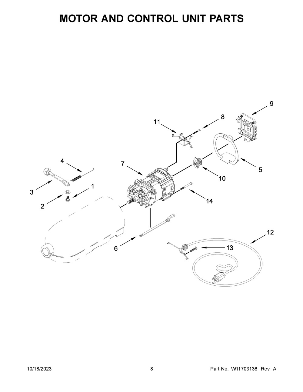 Motor And Control Unit Parts Diagram and Parts List for 5KSM195PSZBE5  KitchenAid Mixer