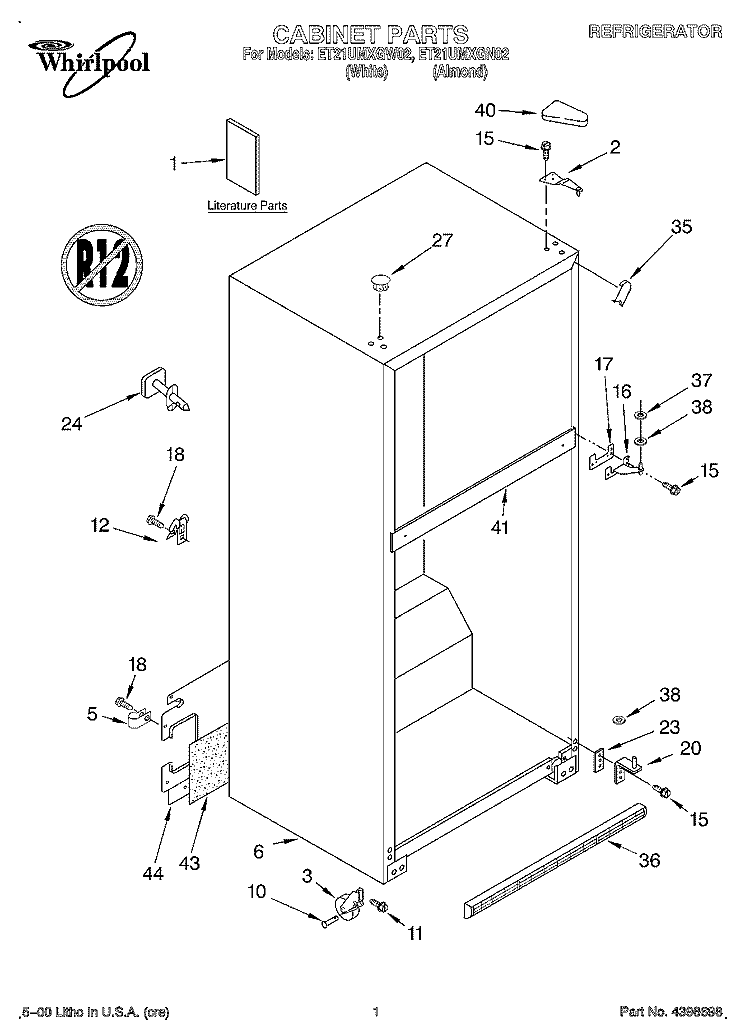 CABINET, LITERATURE Diagram and Parts List for ET21UMXGW02  Whirlpool Refrigerator