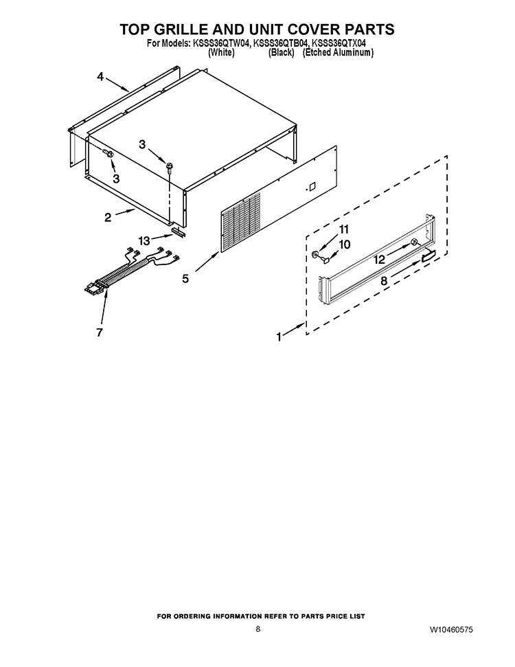 TOP GRILLE AND UNIT COVER PARTS Diagram and Parts List for KSSS36QTB04  KitchenAid Refrigerator
