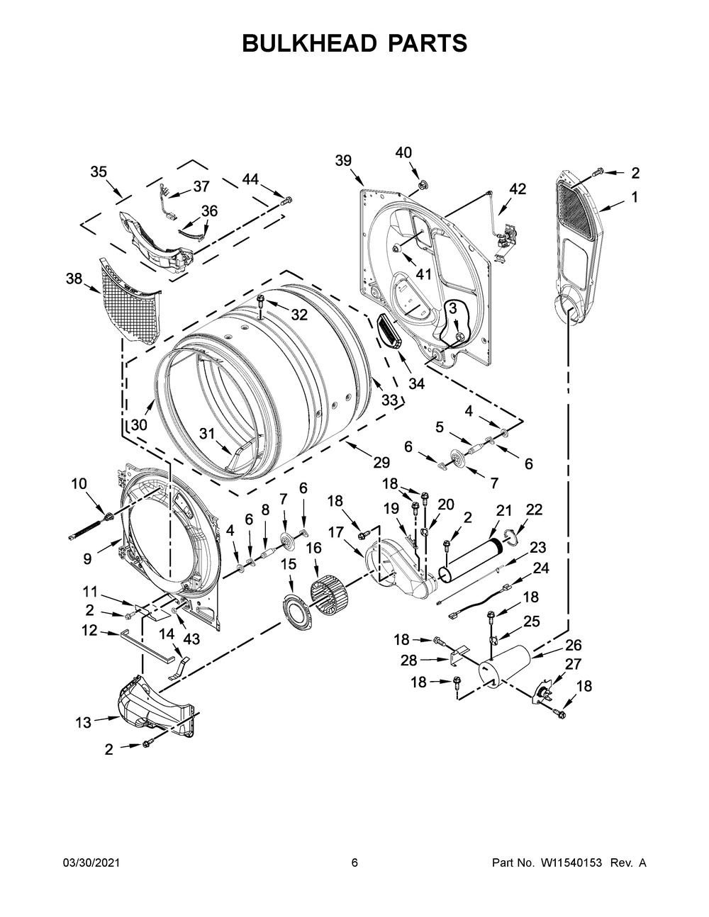 Bulkhead Parts Diagram and Parts List for MGD8630HW3  Whirlpool Dryer
