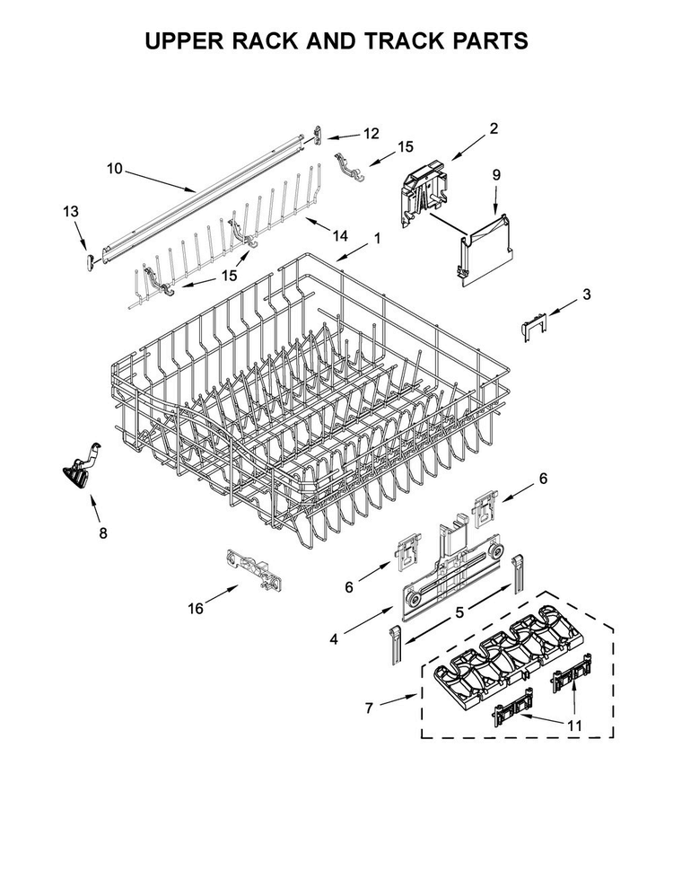 Upper Rack And Track Parts Diagram and Parts List for WDT970SAHZ0  Whirlpool Dishwasher