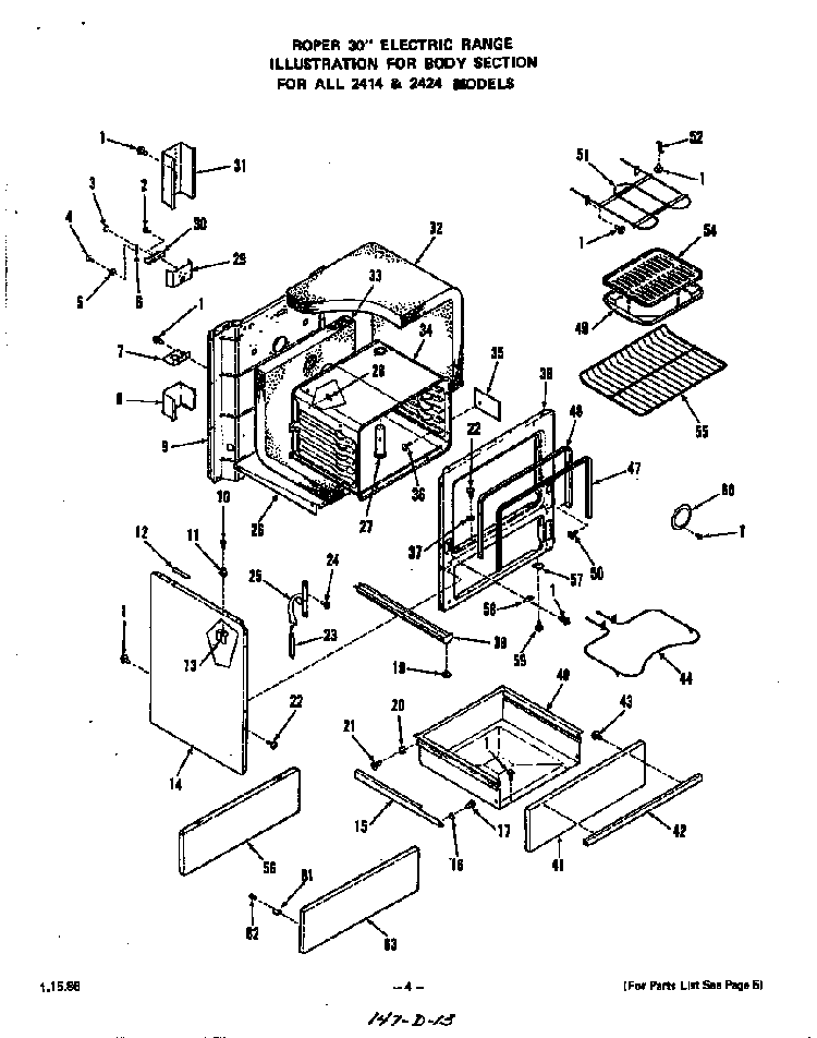 Body Diagram and Parts List for 2424*1A  Roper Range