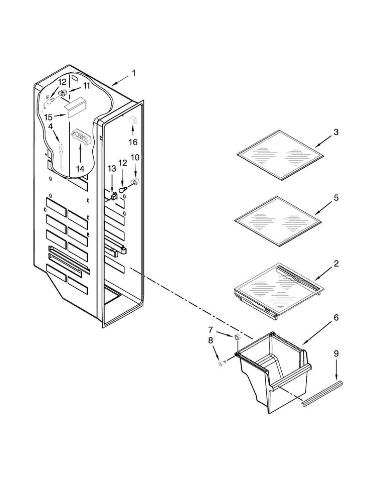 Freezer Liner Parts Diagram and Parts List for 10651782412  Kenmore Refrigerator