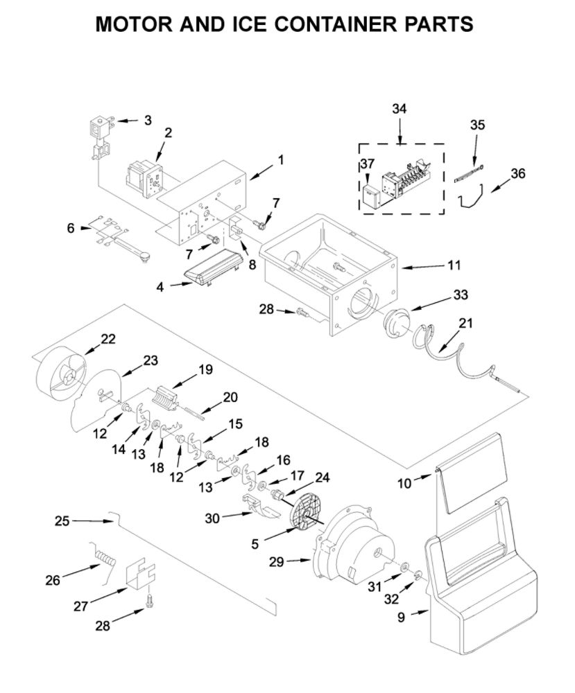 Motor And Ice Container Parts Diagram and Parts List for 10651752710  Kenmore Refrigerator