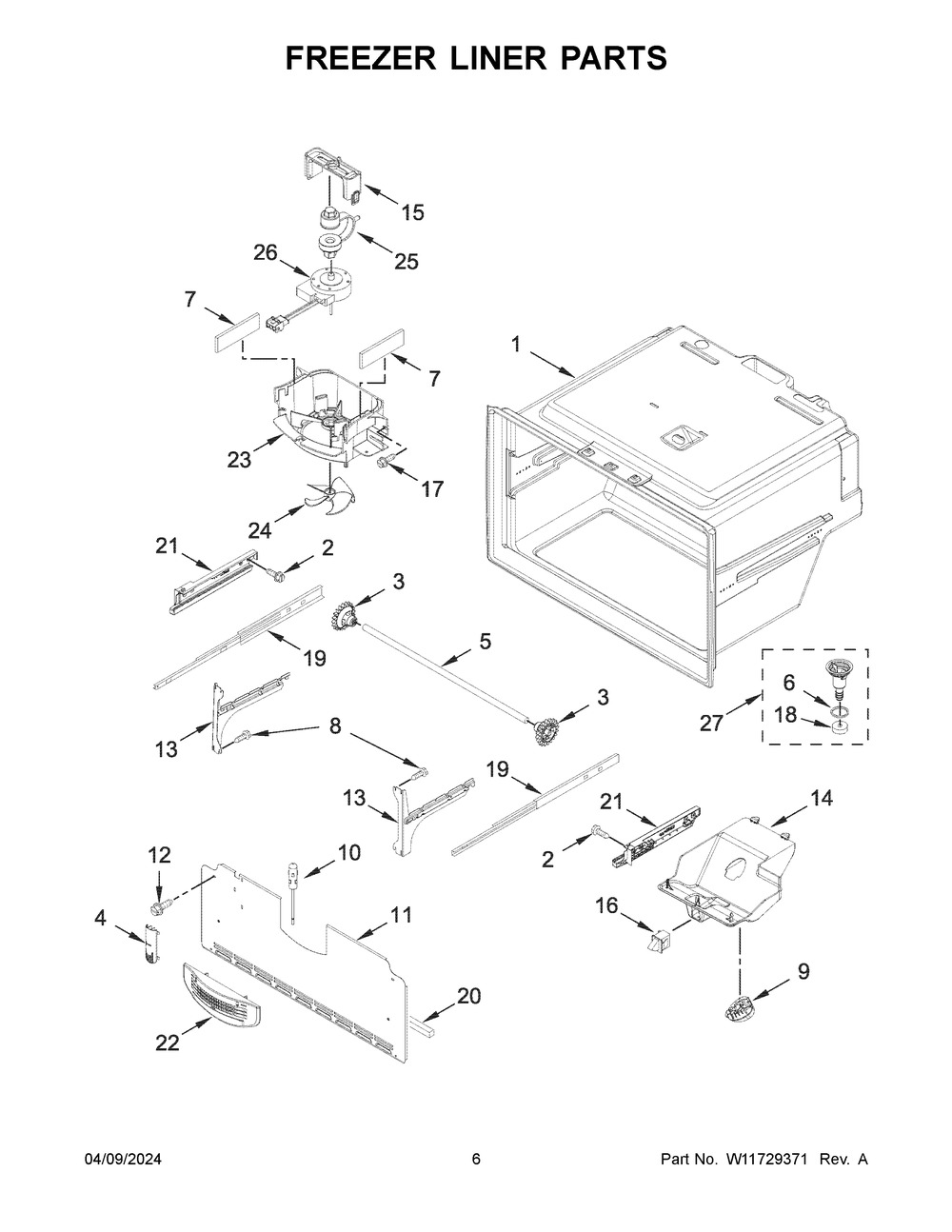 Freezer Liner Parts Diagram and Parts List for WRF555SDFZ19  Whirlpool Refrigerator