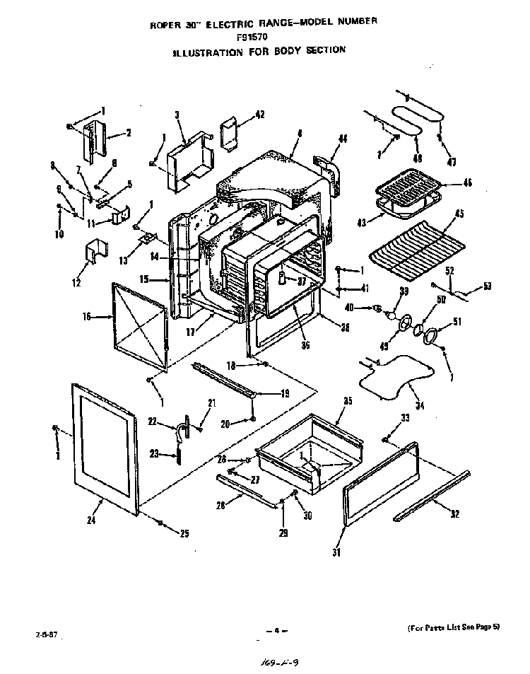 Body Diagram and Parts List for F9157*0  Roper Range