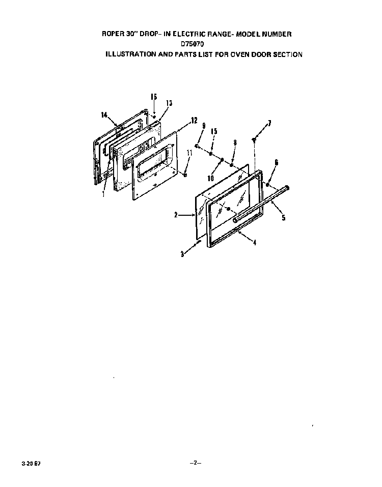 Oven Door Diagram and Parts List for D7507*0  Roper Range