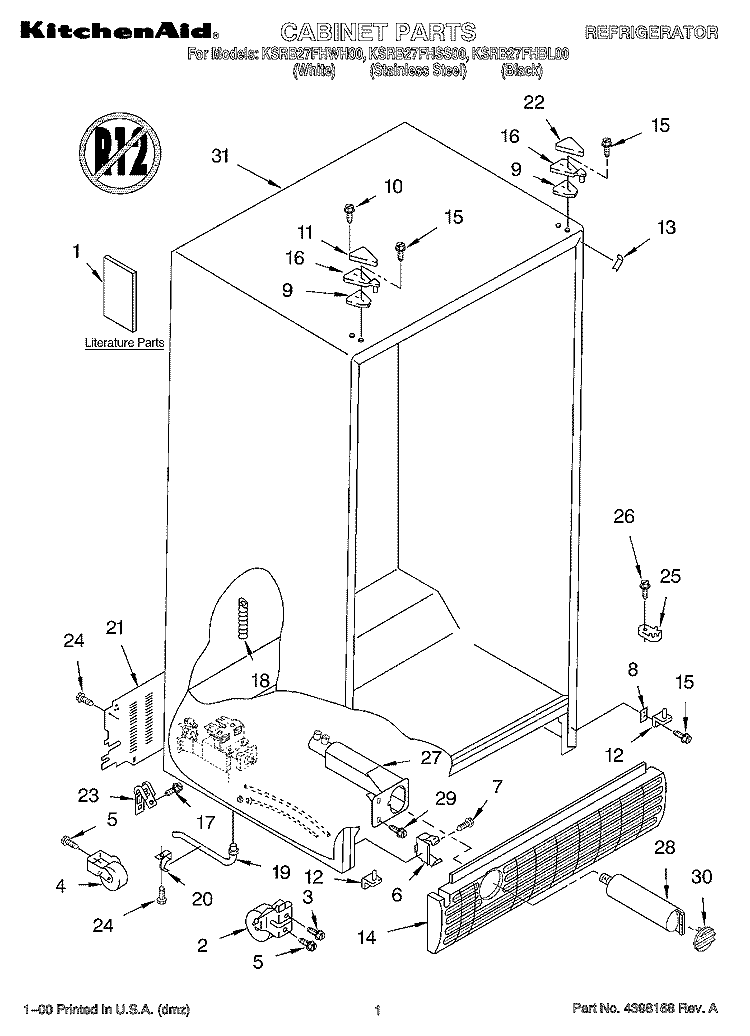 CABINET, LITERATURE Diagram and Parts List for KSRB27FHWH00  KitchenAid Refrigerator
