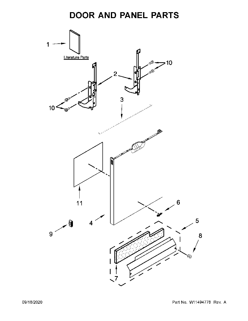 Door and panel parts Diagram and Parts List for WDF520PADB9  Whirlpool Dishwasher