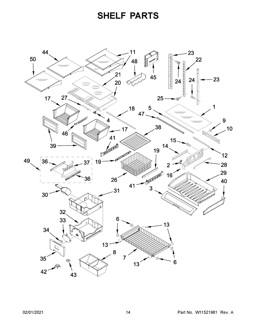 Shelf Parts Diagram and Parts List for JFFCF72DKL01  Whirlpool Refrigerator