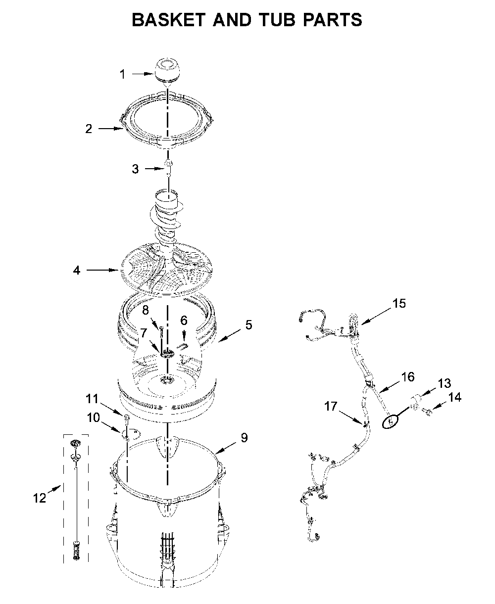 Basket and tub parts Diagram and Parts List for 11022352512  Kenmore Washer