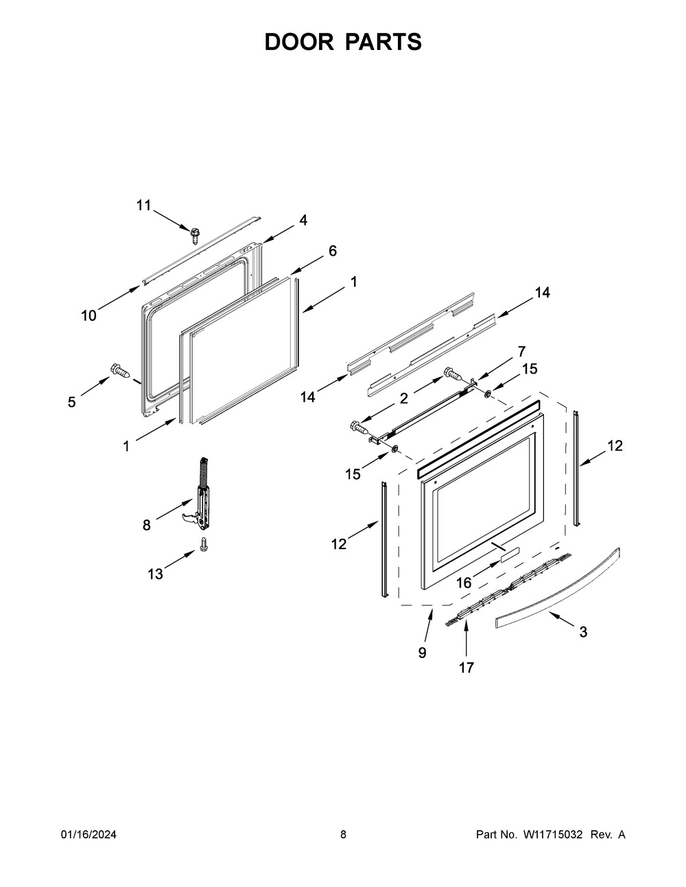 Door Parts Diagram and Parts List for WFE775H0HV5  Whirlpool Range