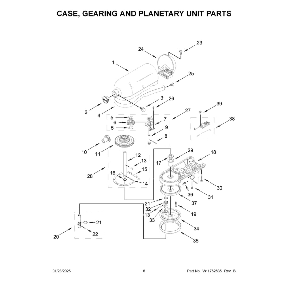 Case, Gearing And Planetary Unit Parts Diagram and Parts List for 5KSM195PSBBT5  KitchenAid Mixer