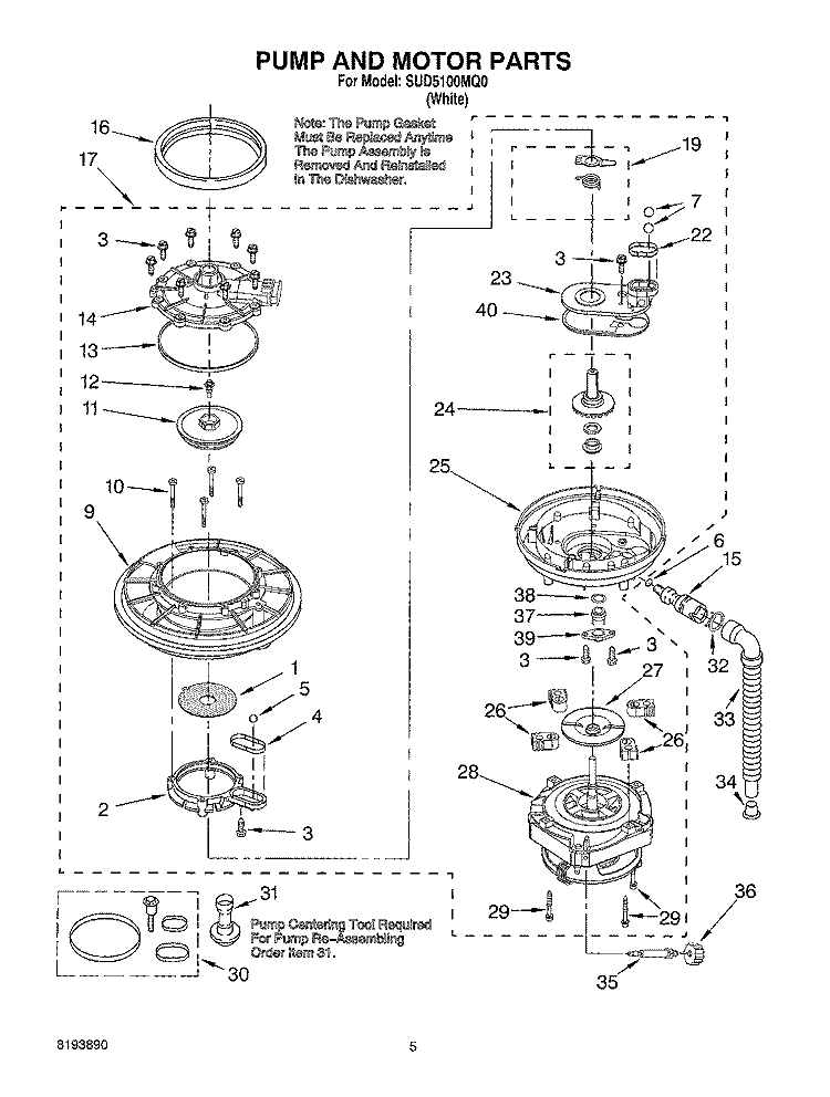 PUMP AND MOTOR PARTS Diagram and Parts List for SUD5100MQ0  Whirlpool Dishwasher