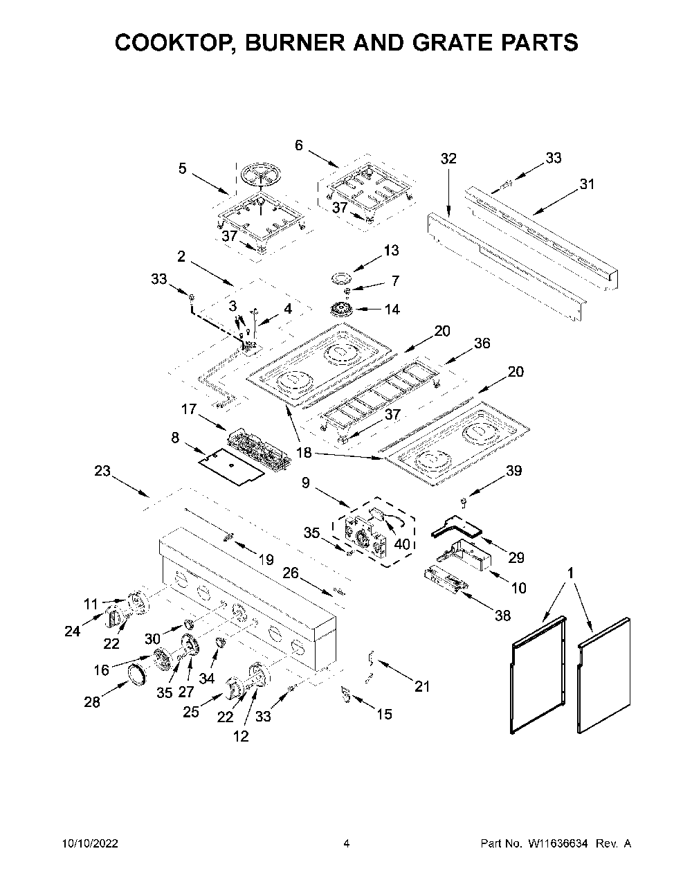 Cooktop, Burner And Grate Parts Diagram and Parts List for KFGC500JAV05  KitchenAid Range