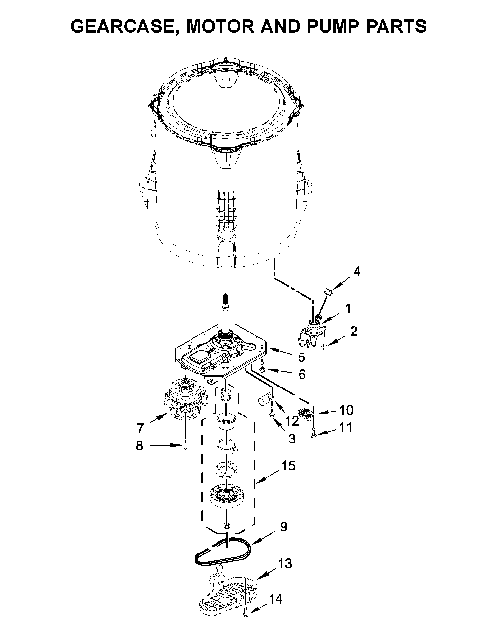 Gearcase, motor and pump parts Diagram and Parts List for 11025132412  Kenmore Washer