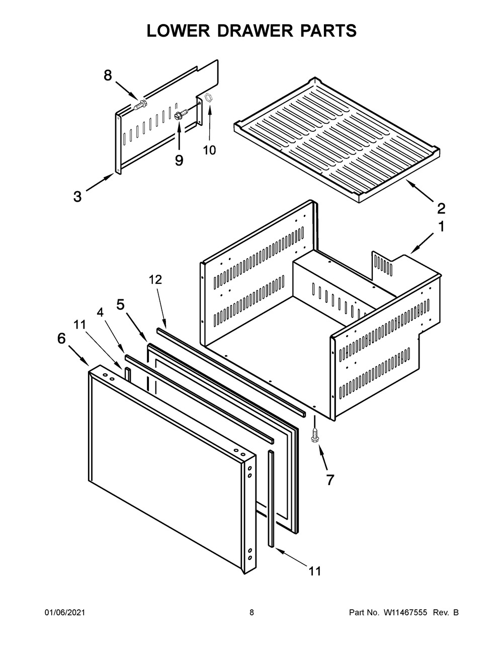 Lower Drawer Parts Diagram and Parts List for JUCFP242HX00  Whirlpool Refrigerator