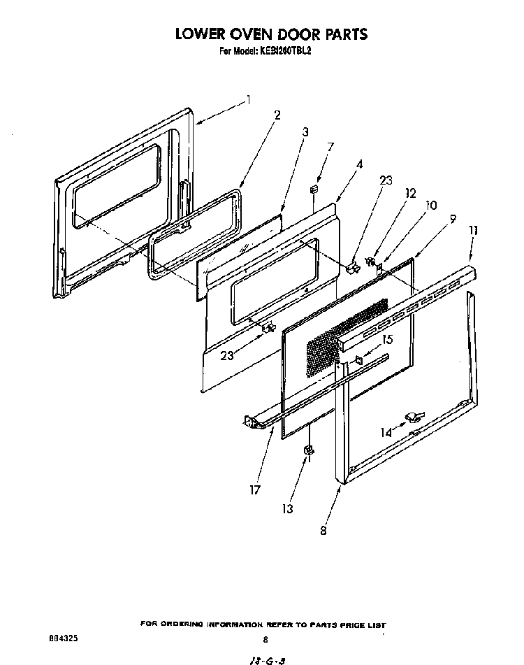 Lower Oven Door Diagram and Parts List for KEBI200TBL0  KitchenAid Wall Oven