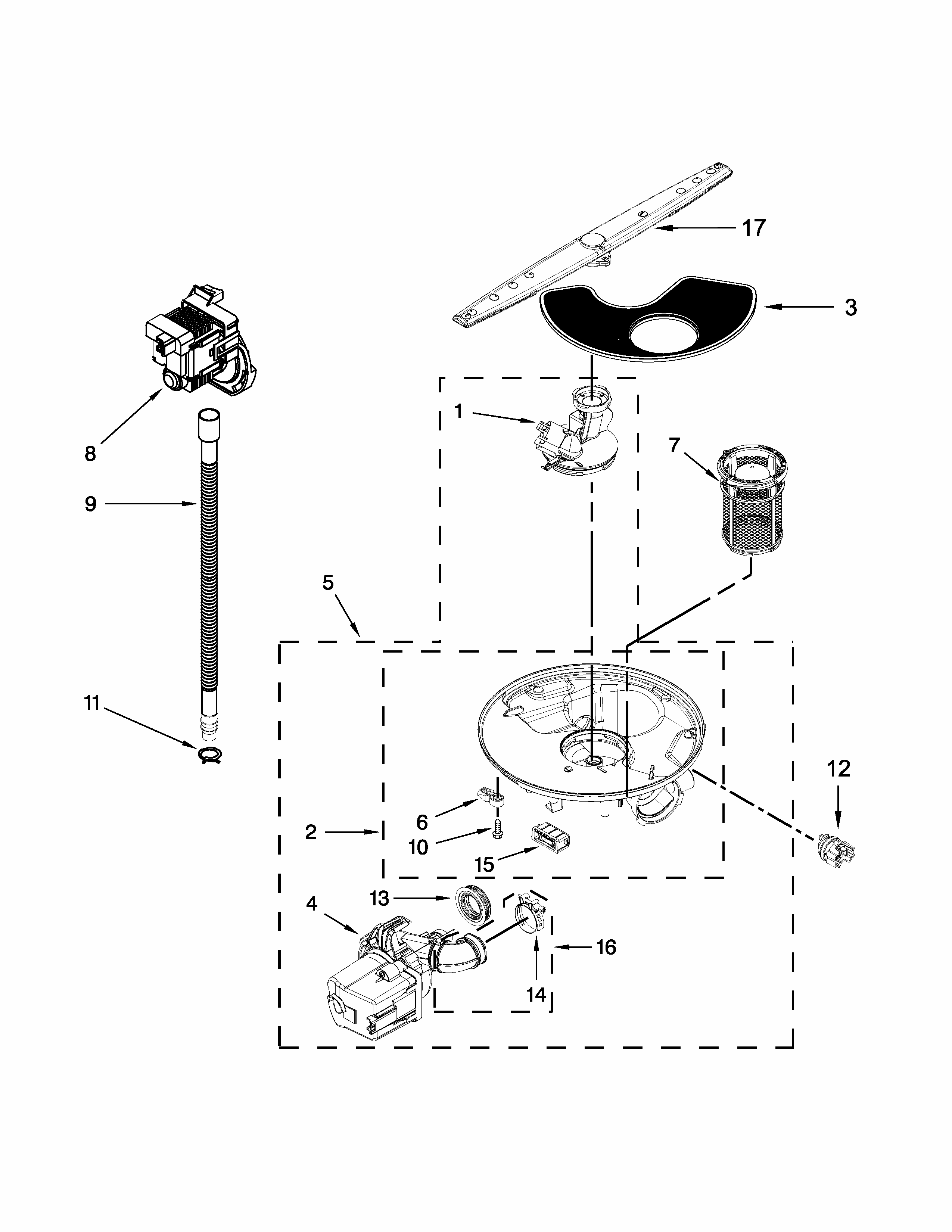 Pump, Washarm And Motor Parts Diagram and Parts List for IUD7070DS2  Whirlpool Dishwasher