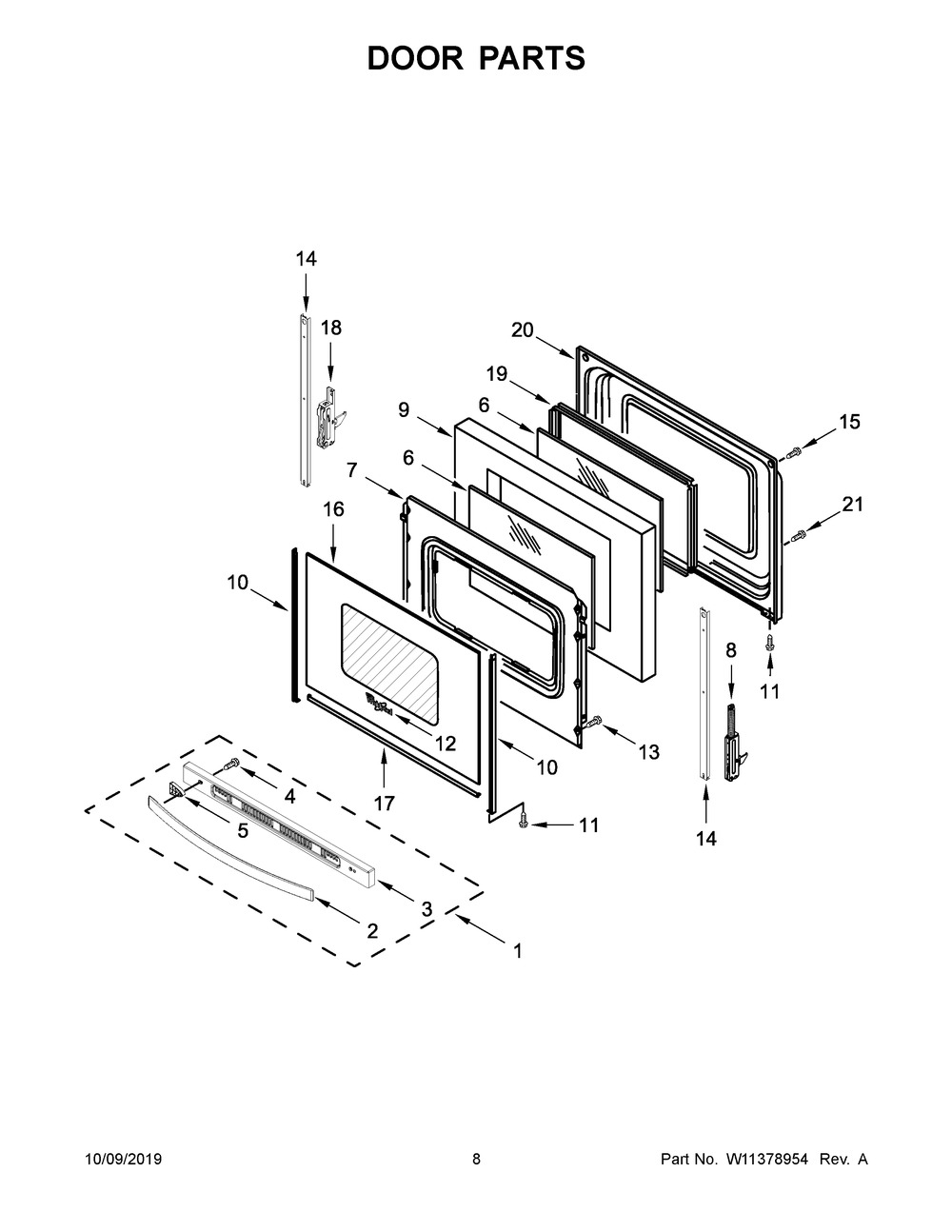 Door Parts Diagram and Parts List for WFE525S0JB0  Whirlpool Range