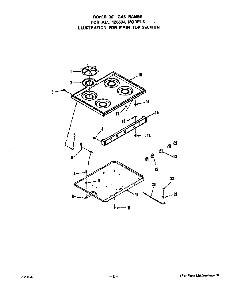 Main Top Diagram and Parts List for 1265*0A  Roper Range