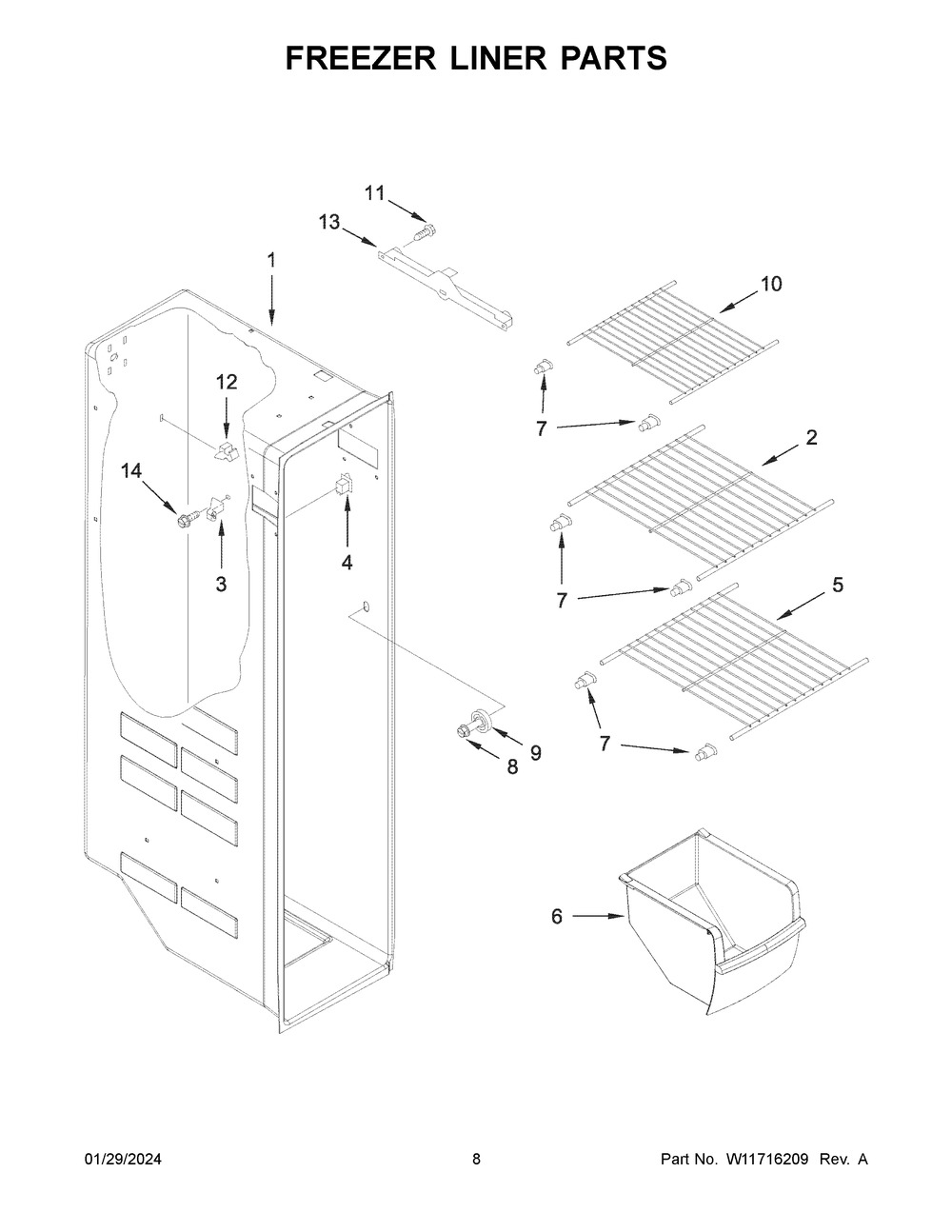 Freezer Liner Parts Diagram and Parts List for WRS335SDHB07  Whirlpool Refrigerator