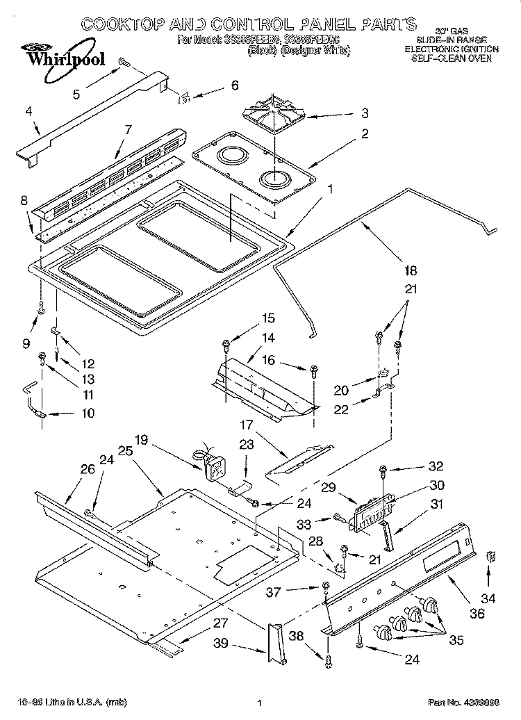 COOKTOP AND CONTROL PANEL Diagram and Parts List for SS385PEEB0  Whirlpool Range