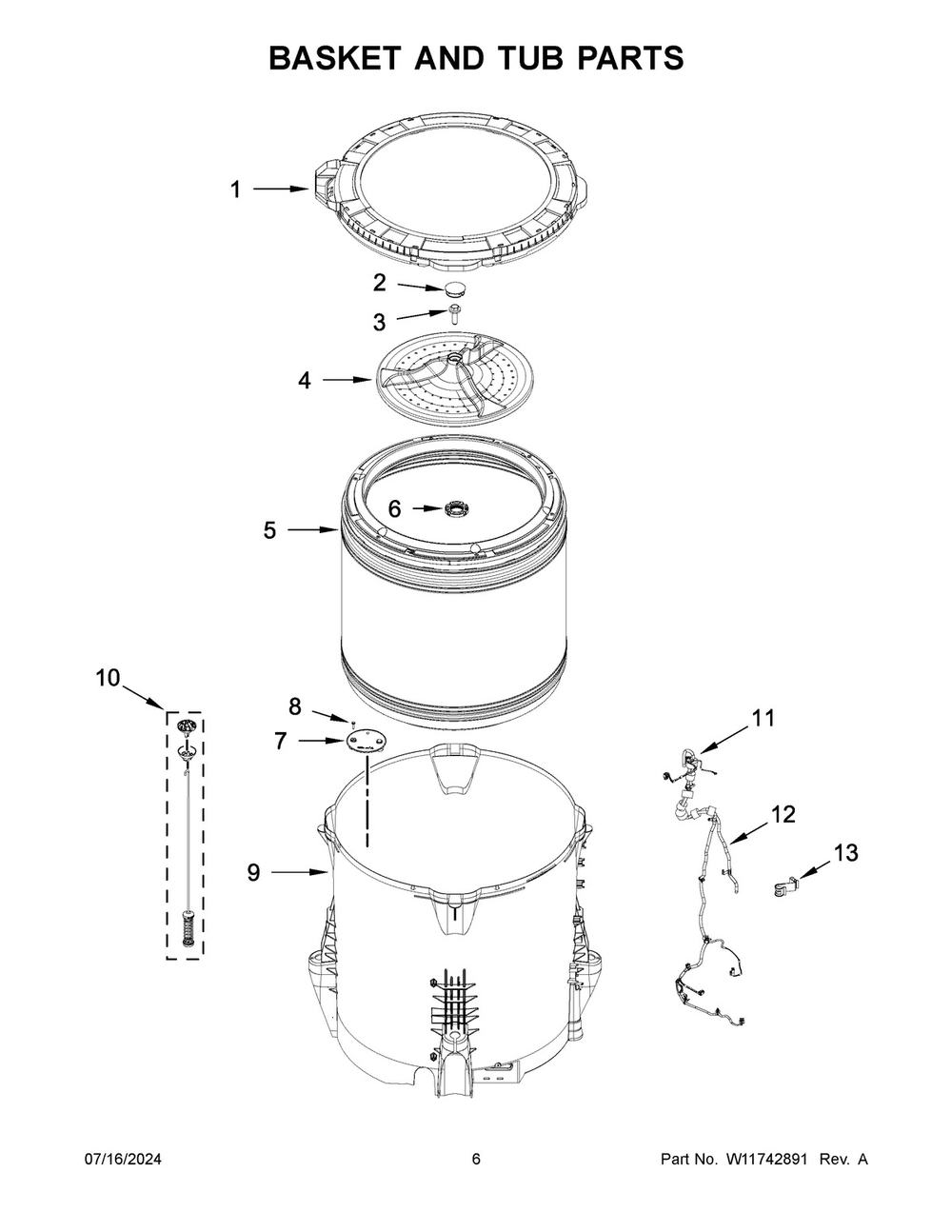 04 - Basket And Tub Parts Diagram and Parts List for WTW5010LW1  Whirlpool Washer