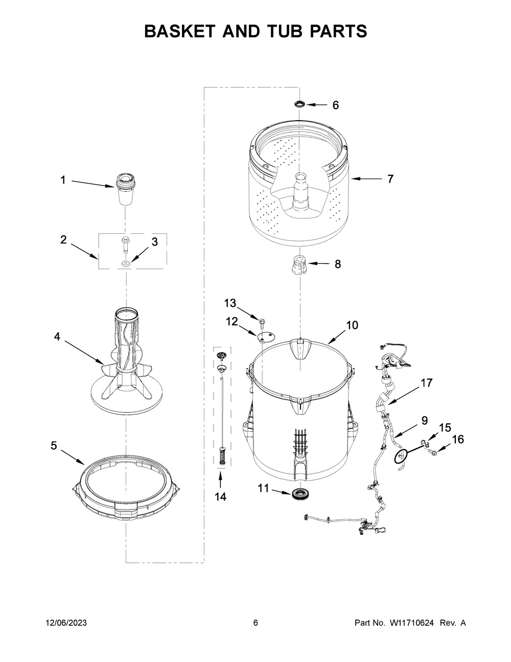 Basket And Tub Parts Diagram and Parts List for 1CWTW4705GW2  Whirlpool Washer