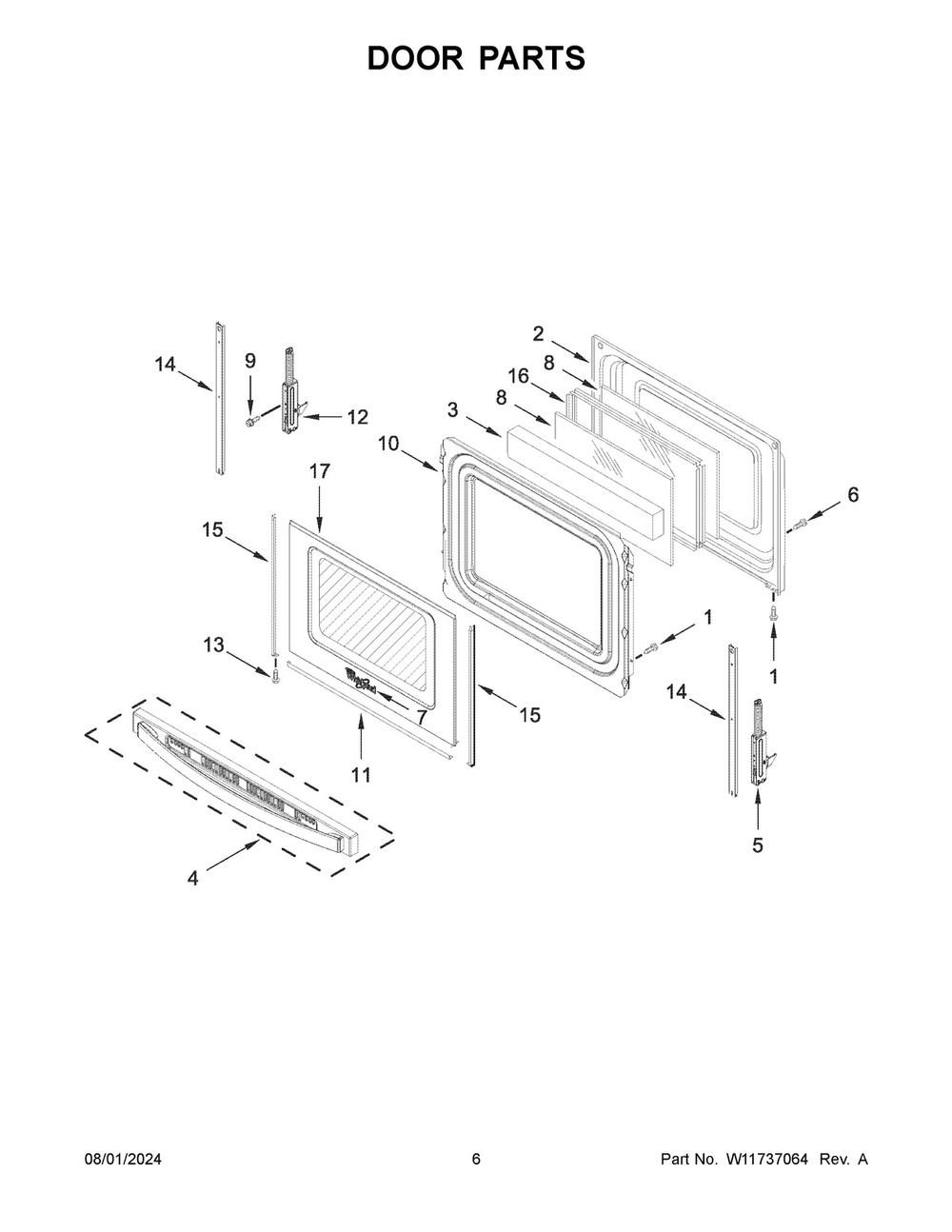 04 - Door Parts Diagram and Parts List for WEE515S0LW3  Whirlpool Range