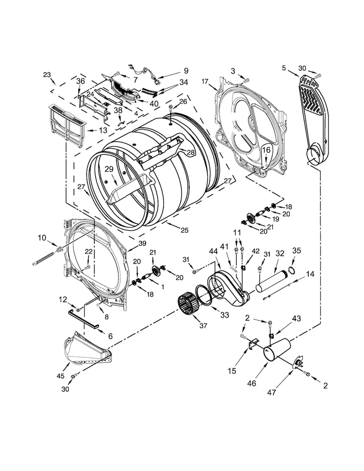 Bulkhead Parts Diagram and Parts List for WGD8000DW0  Whirlpool Dryer