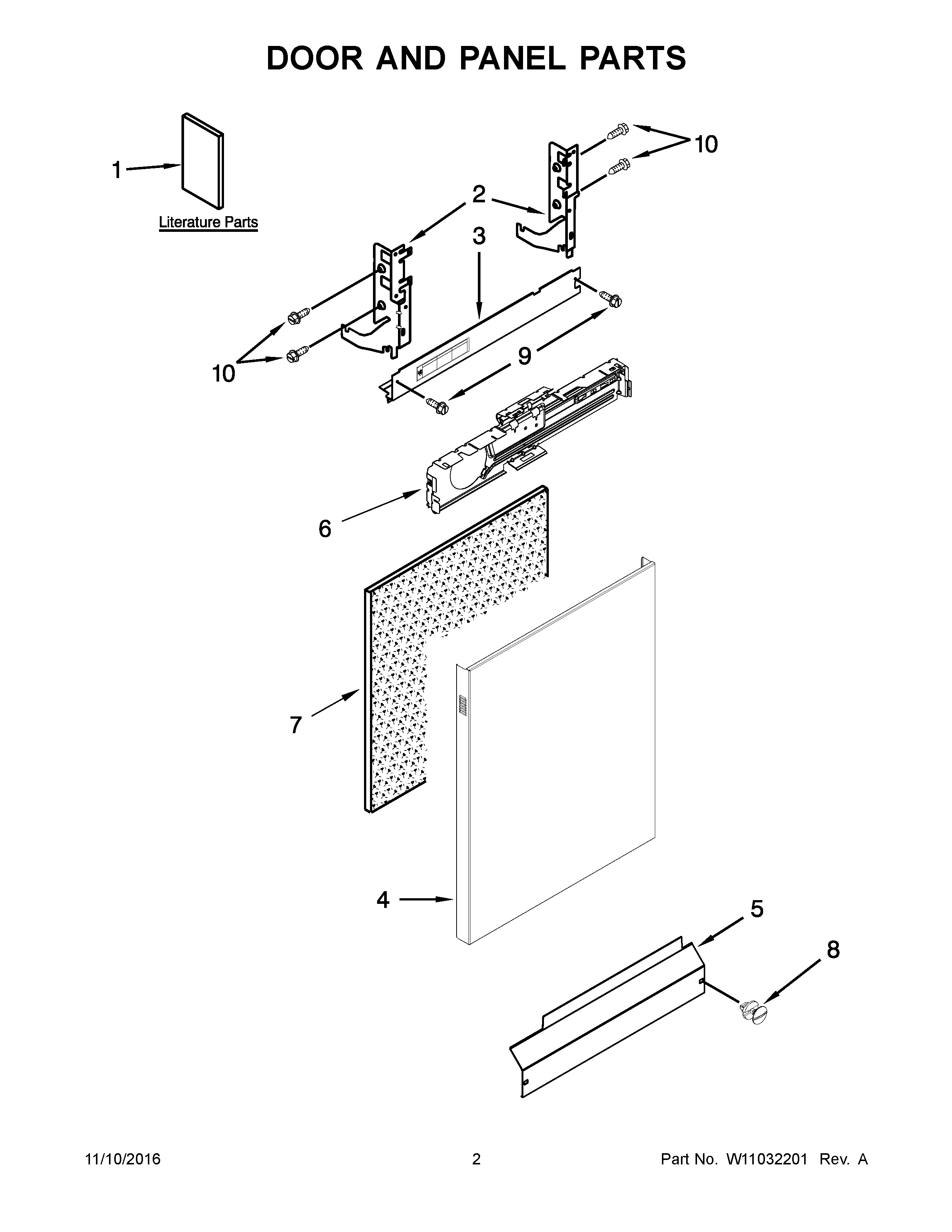 Door And Panel Parts Diagram and Parts List for 66513229N413  Kenmore Dishwasher
