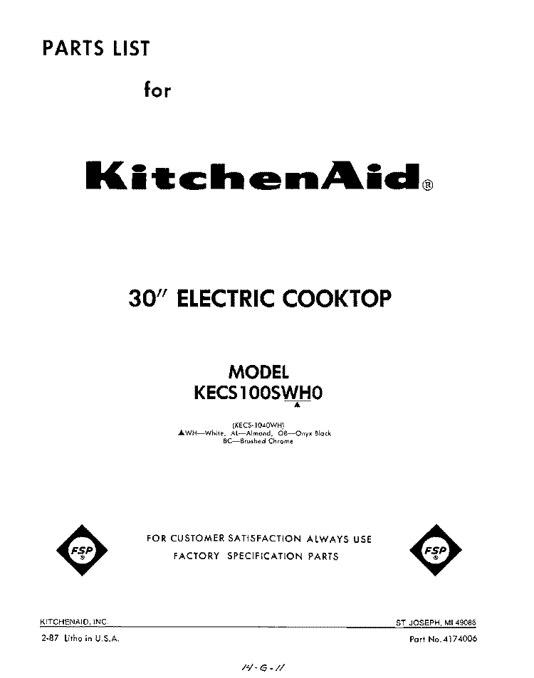 SECTION Diagram and Parts List for KECS100SWH0  KitchenAid Cooktop